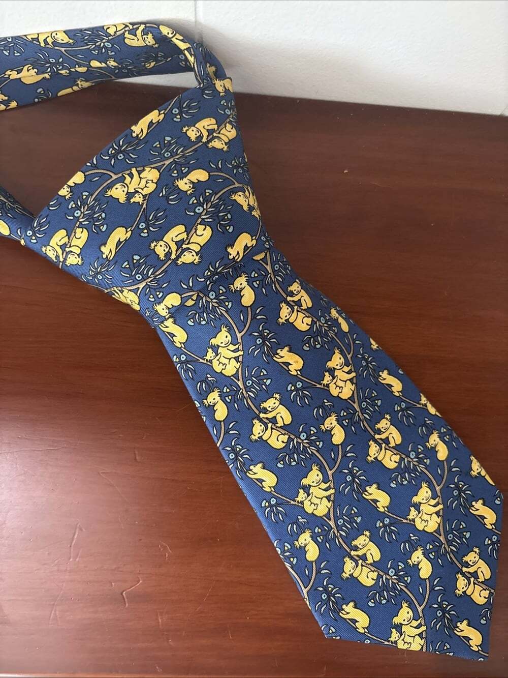 Hermes 7597 SA 100% Silk Tie Navy Blue Gold Koala Bears on a vine 57"